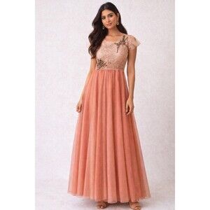 Women Anarkali style Small Blush Pink Formal Maxi Dress Beaded Lace Sheer Bodice